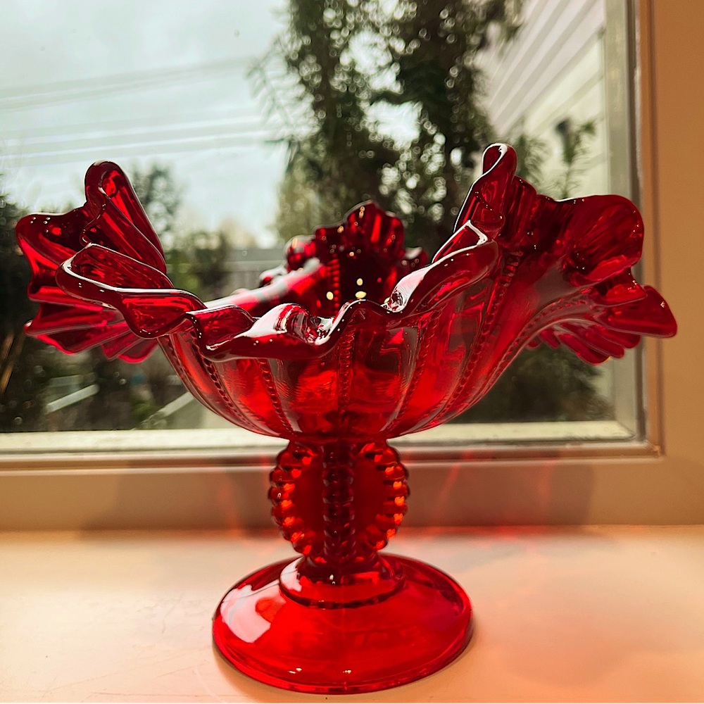 Vintage Fenton Glass Ruffled Crimped Ruby Red Compote 6 1/2 Inches